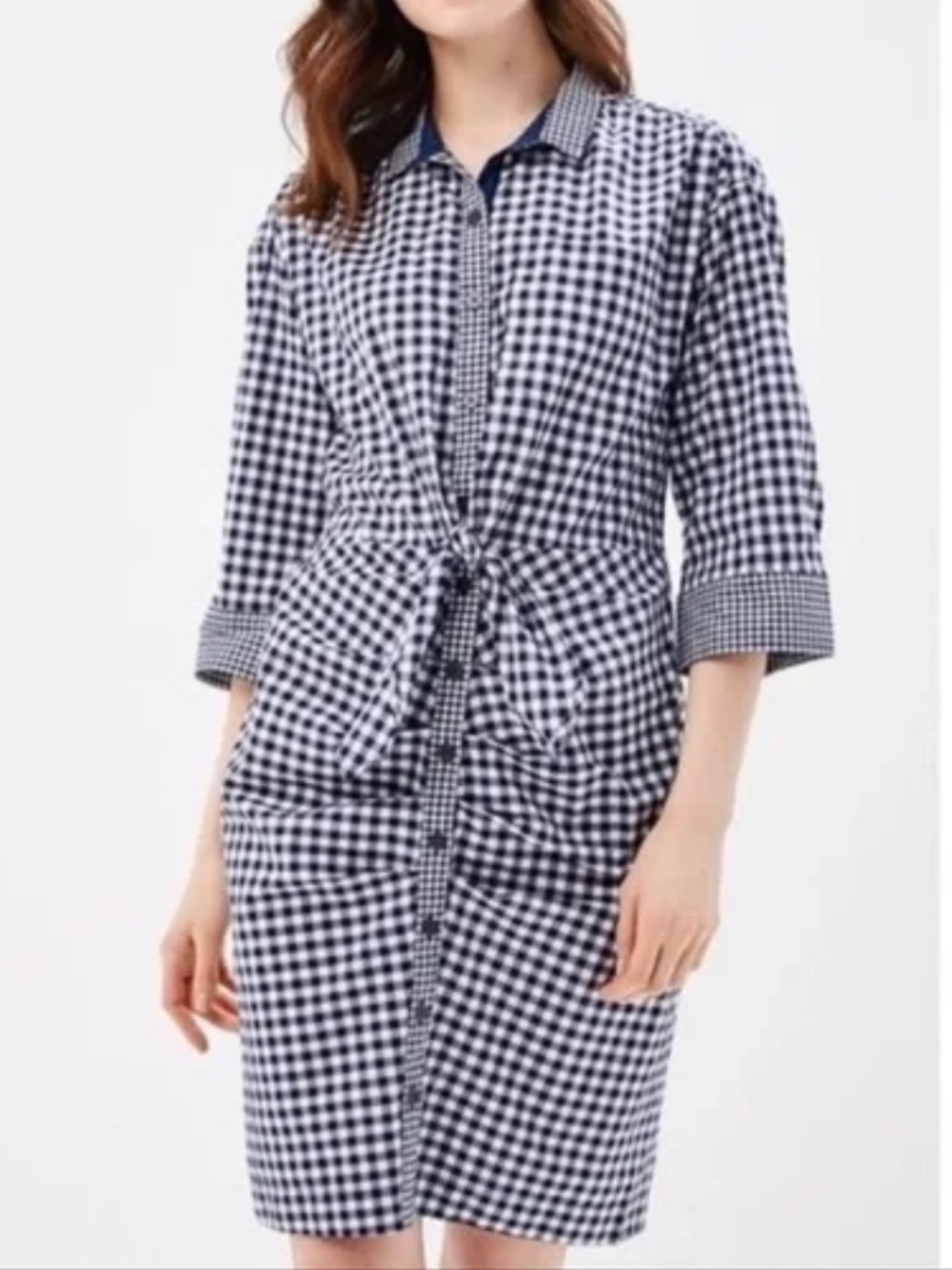 GAP Navy and White Gingham Tie-Waist Shirt Dress